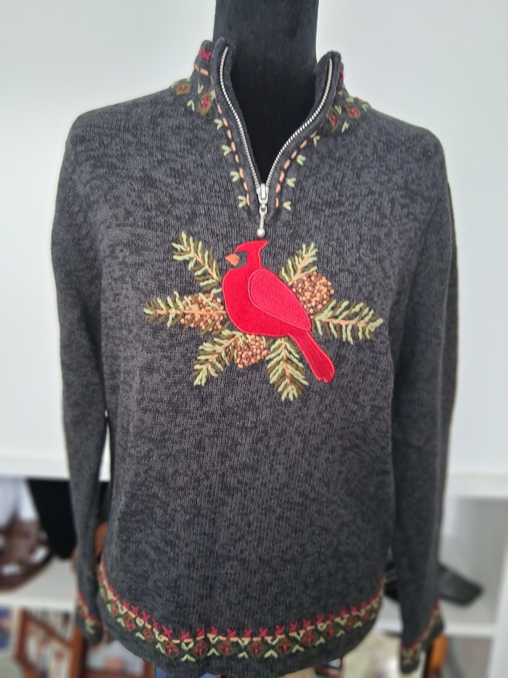 Orvis Charcoal V-Neck Sweater with Red Cardinal Applique